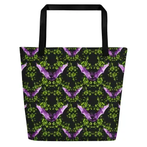 Purple Bat Neon Green Floral Beach Bag