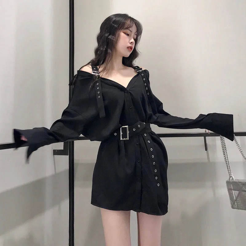"BLACK GOTHIC OFF SHOULDER" SHIRT DRESS K082201