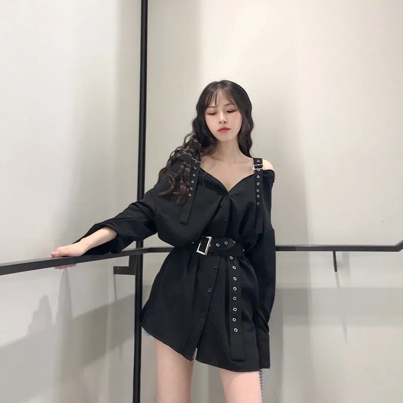 "BLACK GOTHIC OFF SHOULDER" SHIRT DRESS K082201