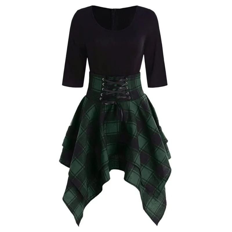 "GOTHIC PLAID HALF SLEEVES IRREGULAR" DRESS K082107