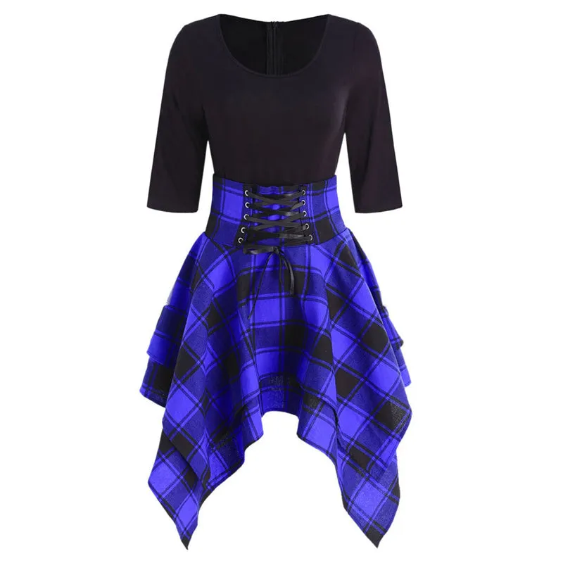 "GOTHIC PLAID HALF SLEEVES IRREGULAR" DRESS K082107