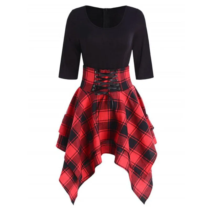"GOTHIC PLAID HALF SLEEVES IRREGULAR" DRESS K082107