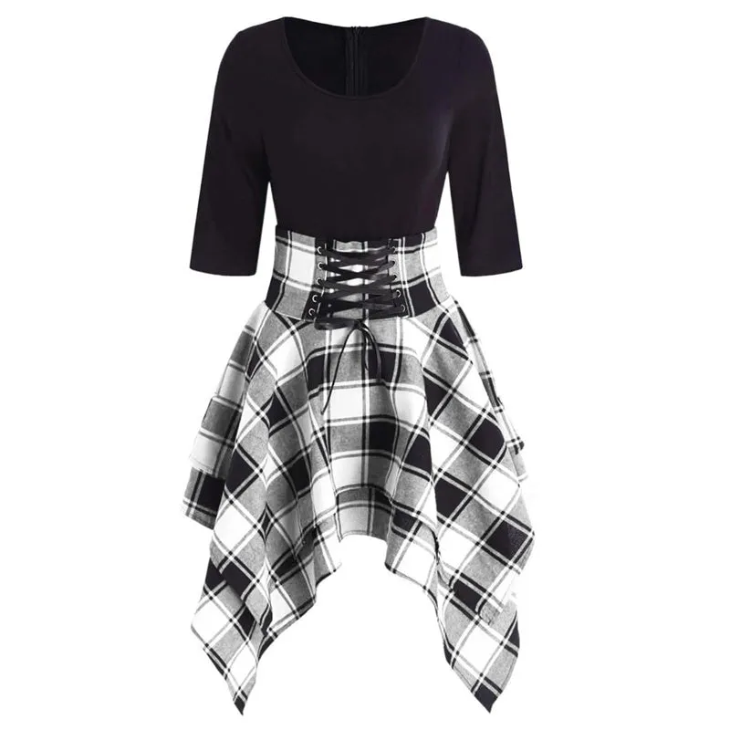 "GOTHIC PLAID HALF SLEEVES IRREGULAR" DRESS K082107