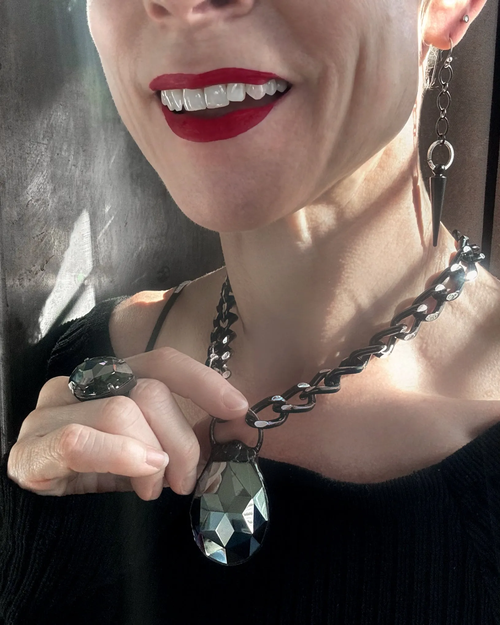 RAVE - Black Spike Earrings with Matte Black Chain