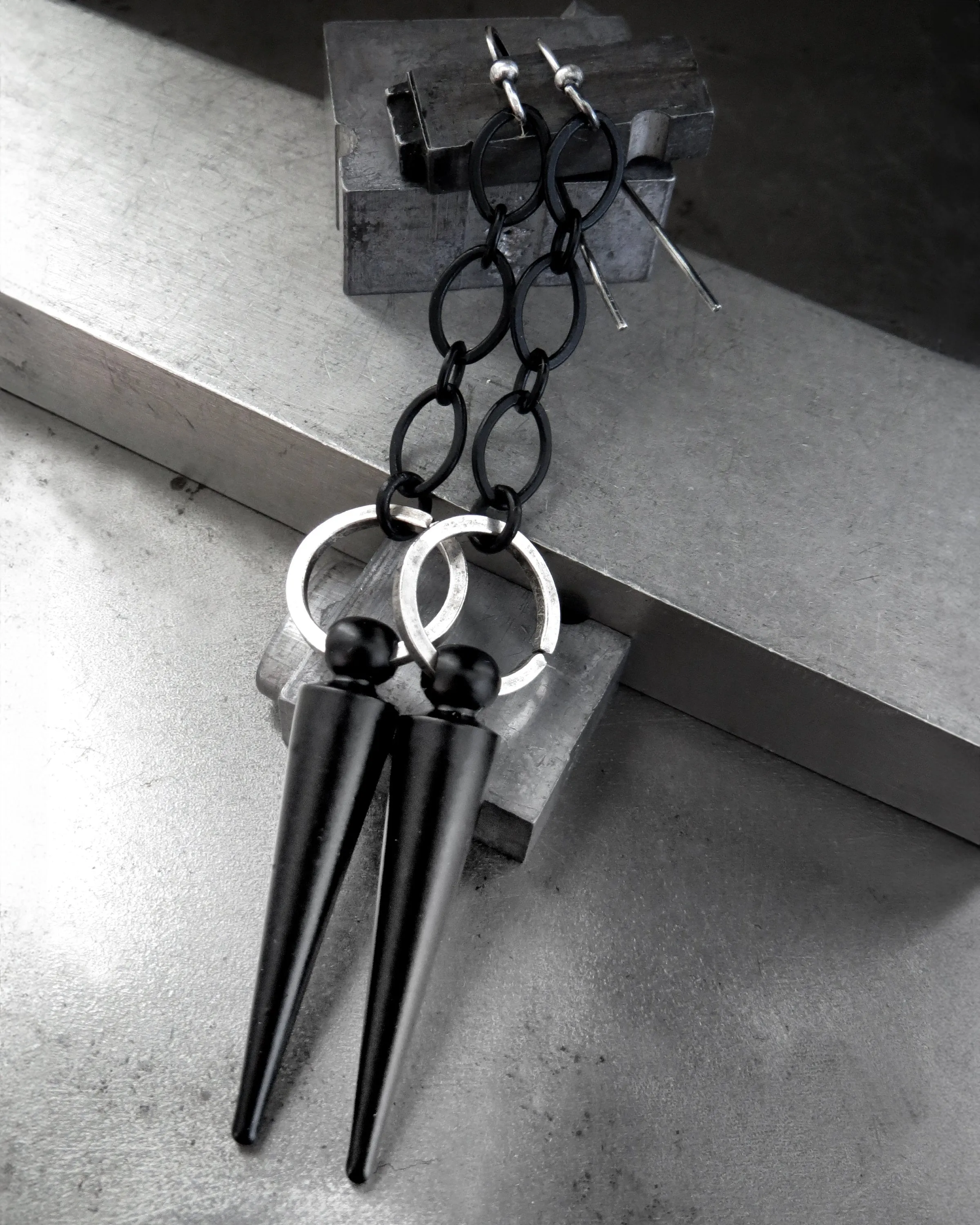 RAVE - Black Spike Earrings with Matte Black Chain