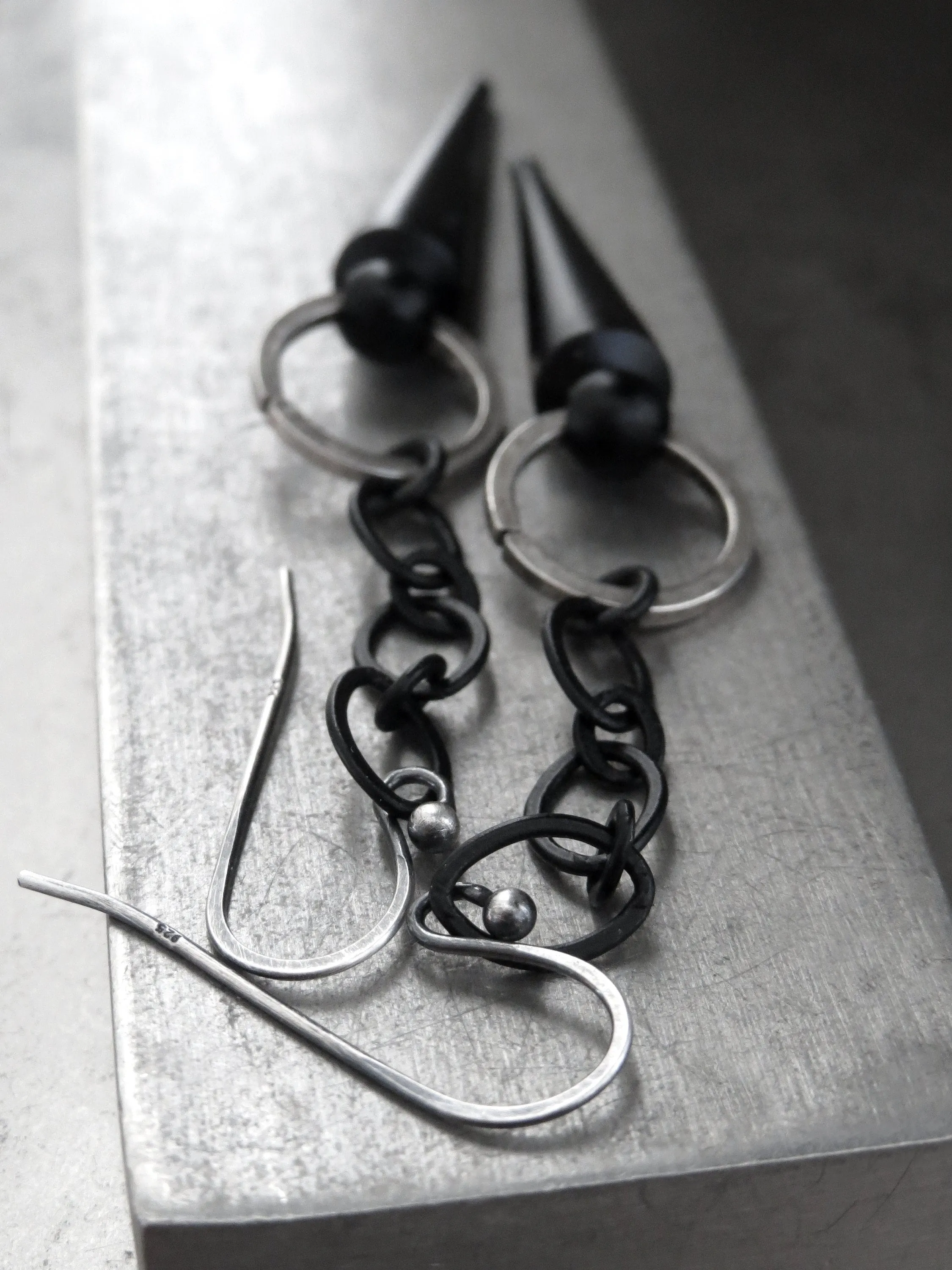 RAVE - Black Spike Earrings with Matte Black Chain