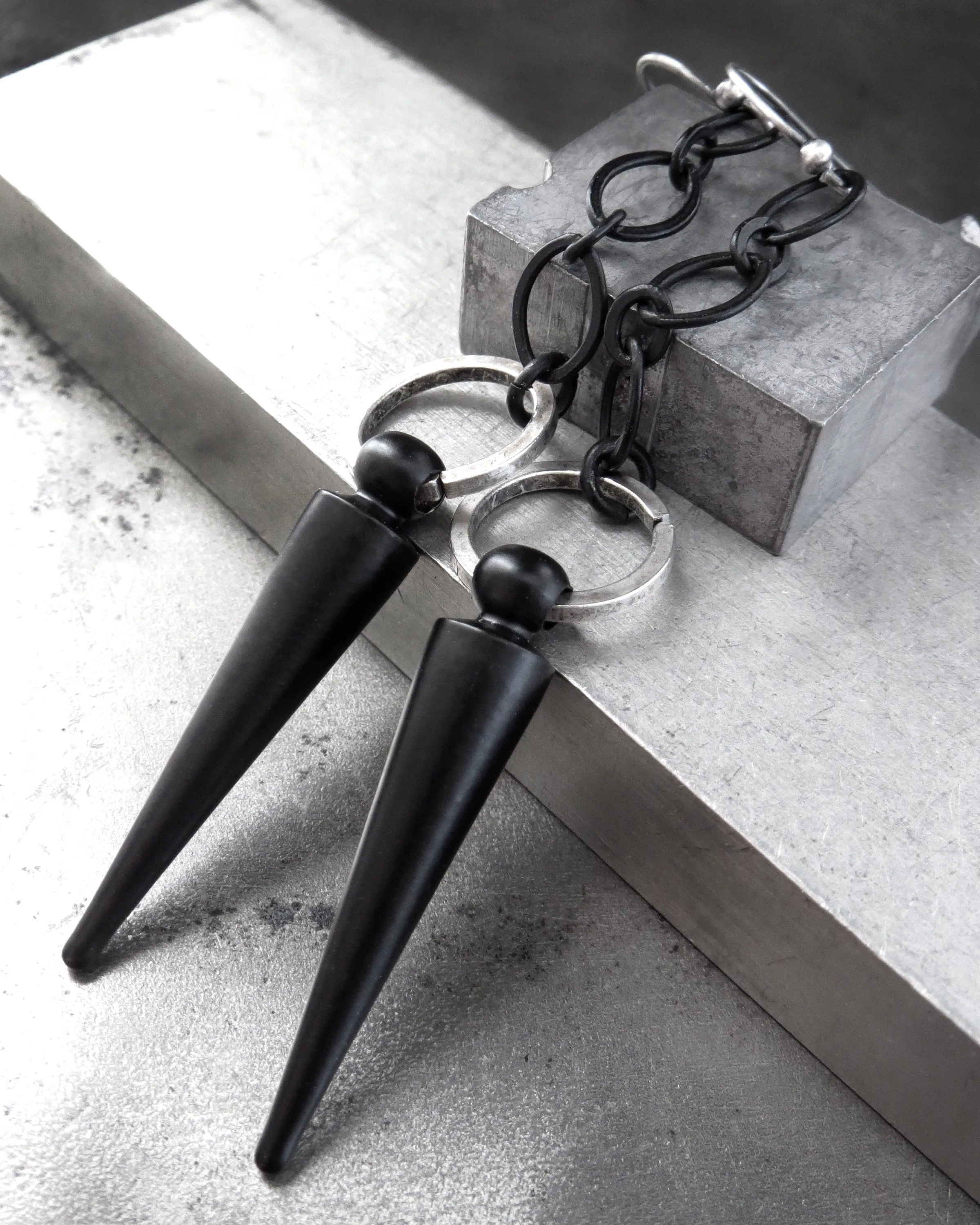 RAVE - Black Spike Earrings with Matte Black Chain