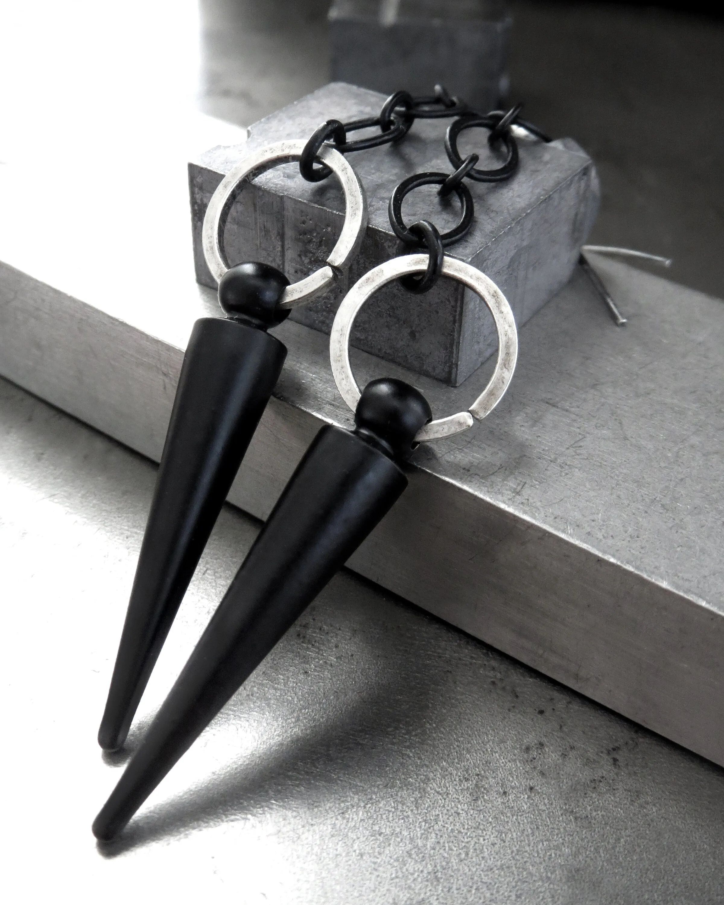 RAVE - Black Spike Earrings with Matte Black Chain