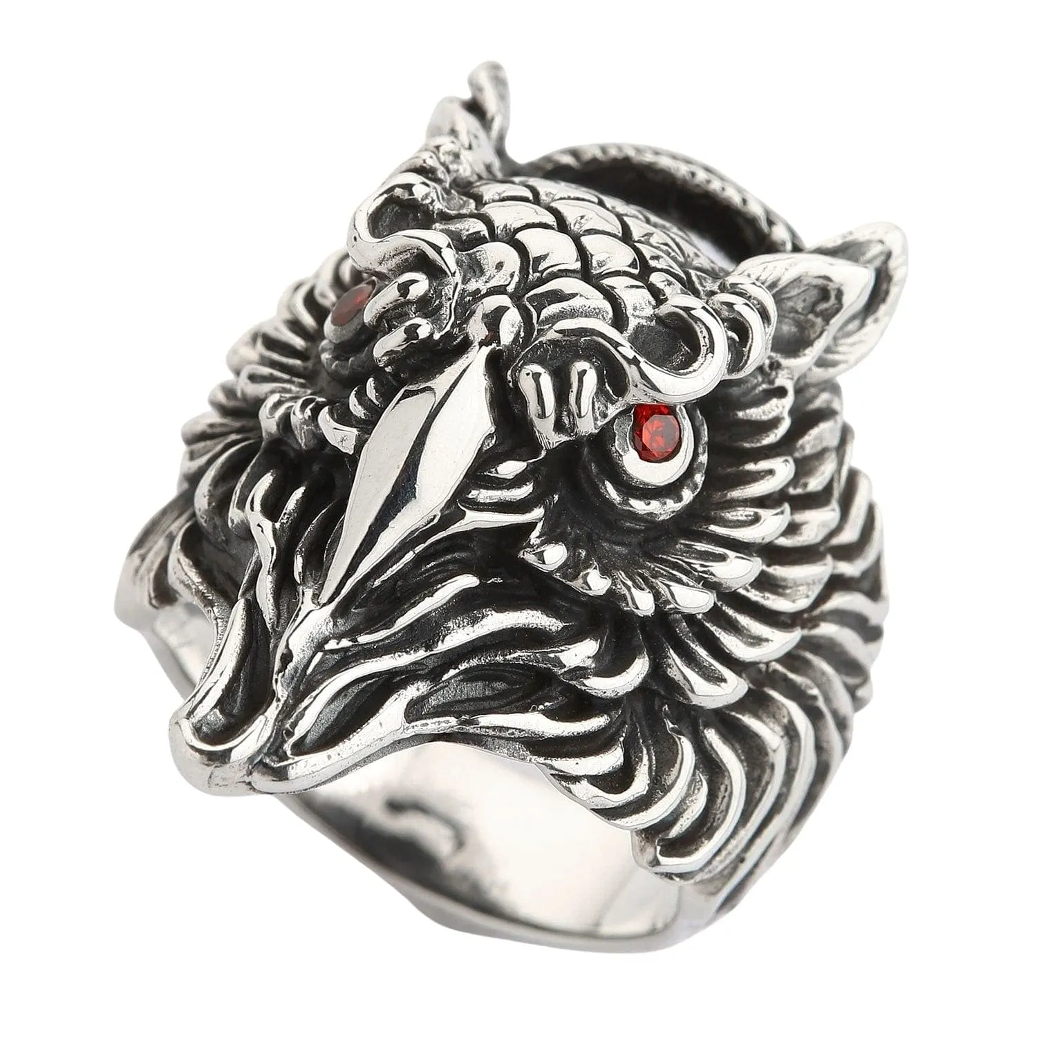 Red Eyes Owl Sterling Silver Gothic Ring