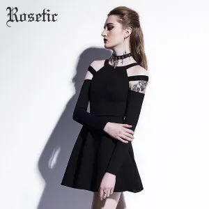 Rosetic Gothic Mini Dress Black Fashion Hollow Autumn Women Casual Dress Dark Street Wild Sexy Preppy A-Line Goth Mini Dresses