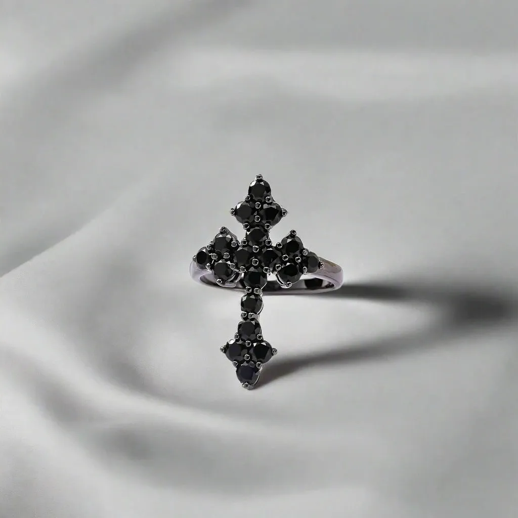 Round-cut Natural Black Spinel Gothic Cross Ring