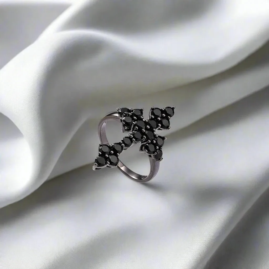 Round-cut Natural Black Spinel Gothic Cross Ring