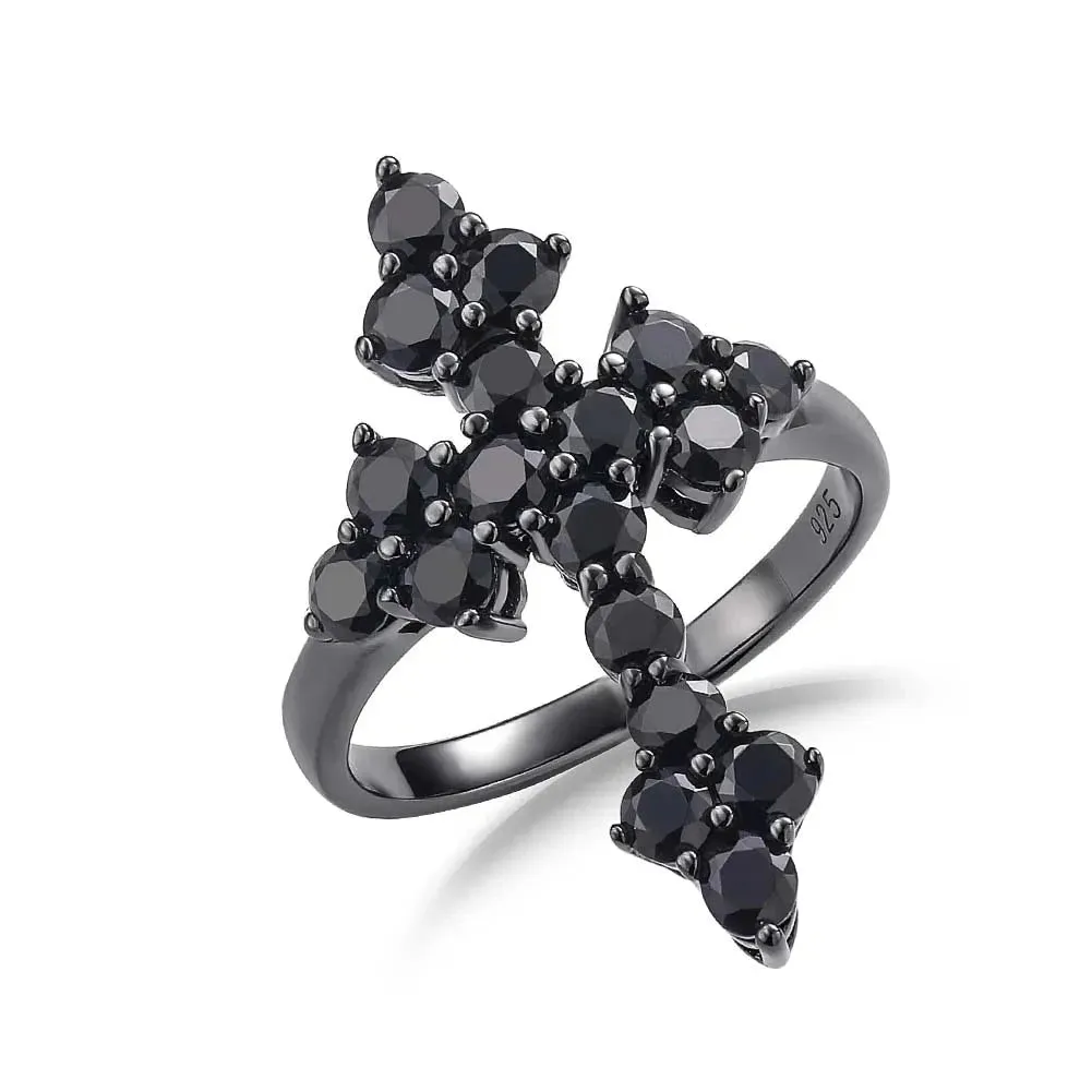Round-cut Natural Black Spinel Gothic Cross Ring