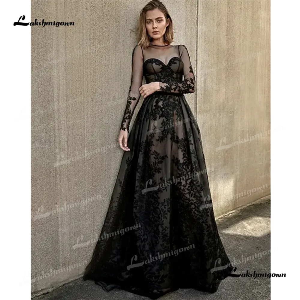 Roycebrial O Neck A Line Wedding Dress 2025 Lace Long Sleeves Backless Sweep Train Black Party dress