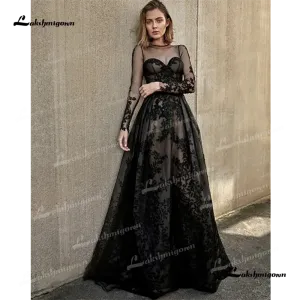 Roycebrial O Neck A Line Wedding Dress 2025 Lace Long Sleeves Backless Sweep Train Black Party dress