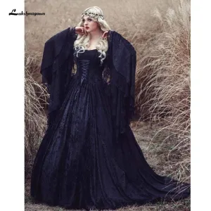 Roycebridal Gothic Black Wedding Dress Fairy Long Sleeve Vintage