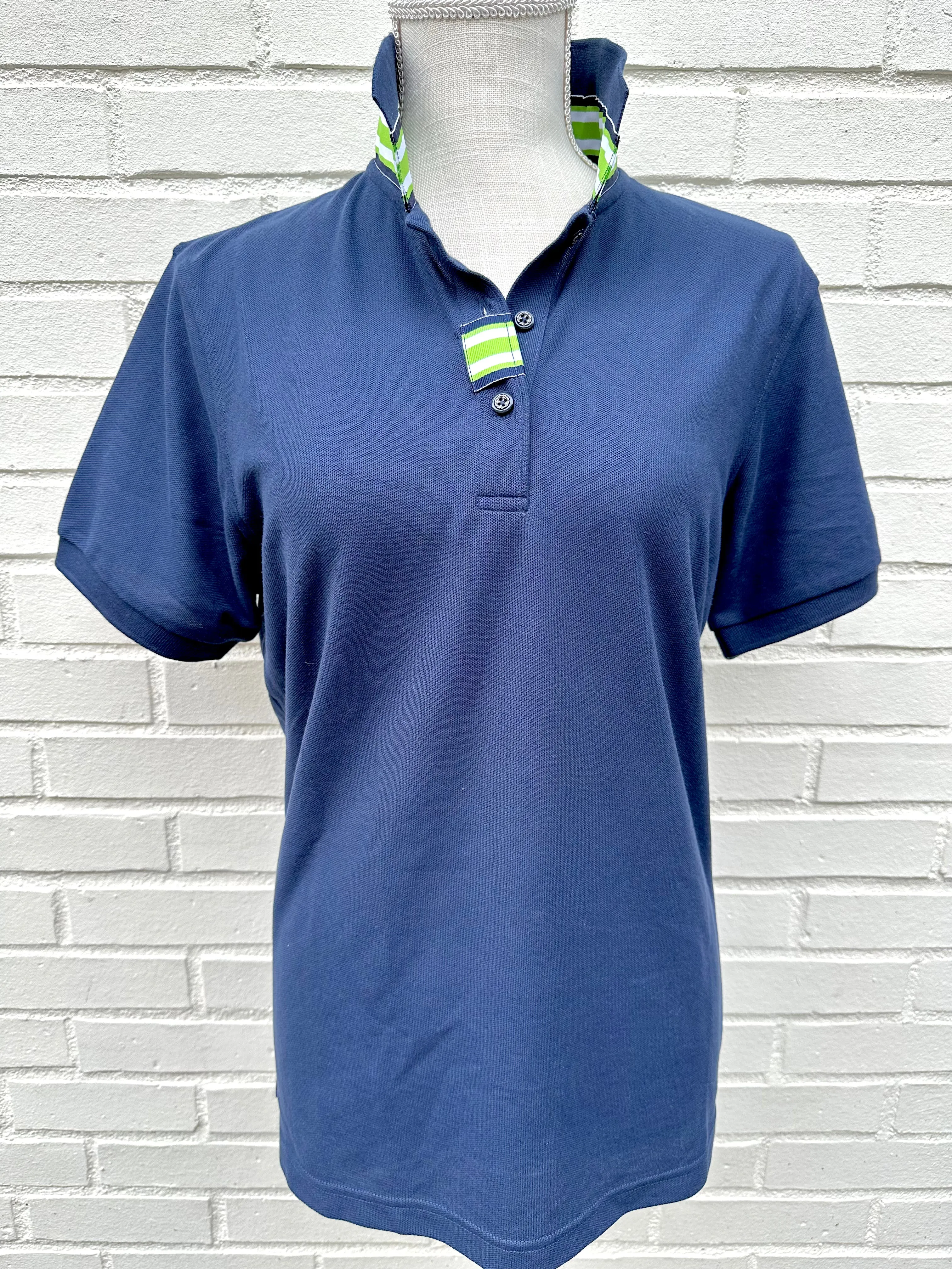 SALE - L ONLY - Madonna Navy Polo w Navy/Lime Grosgrain  (POLO3) *FINAL SALE*