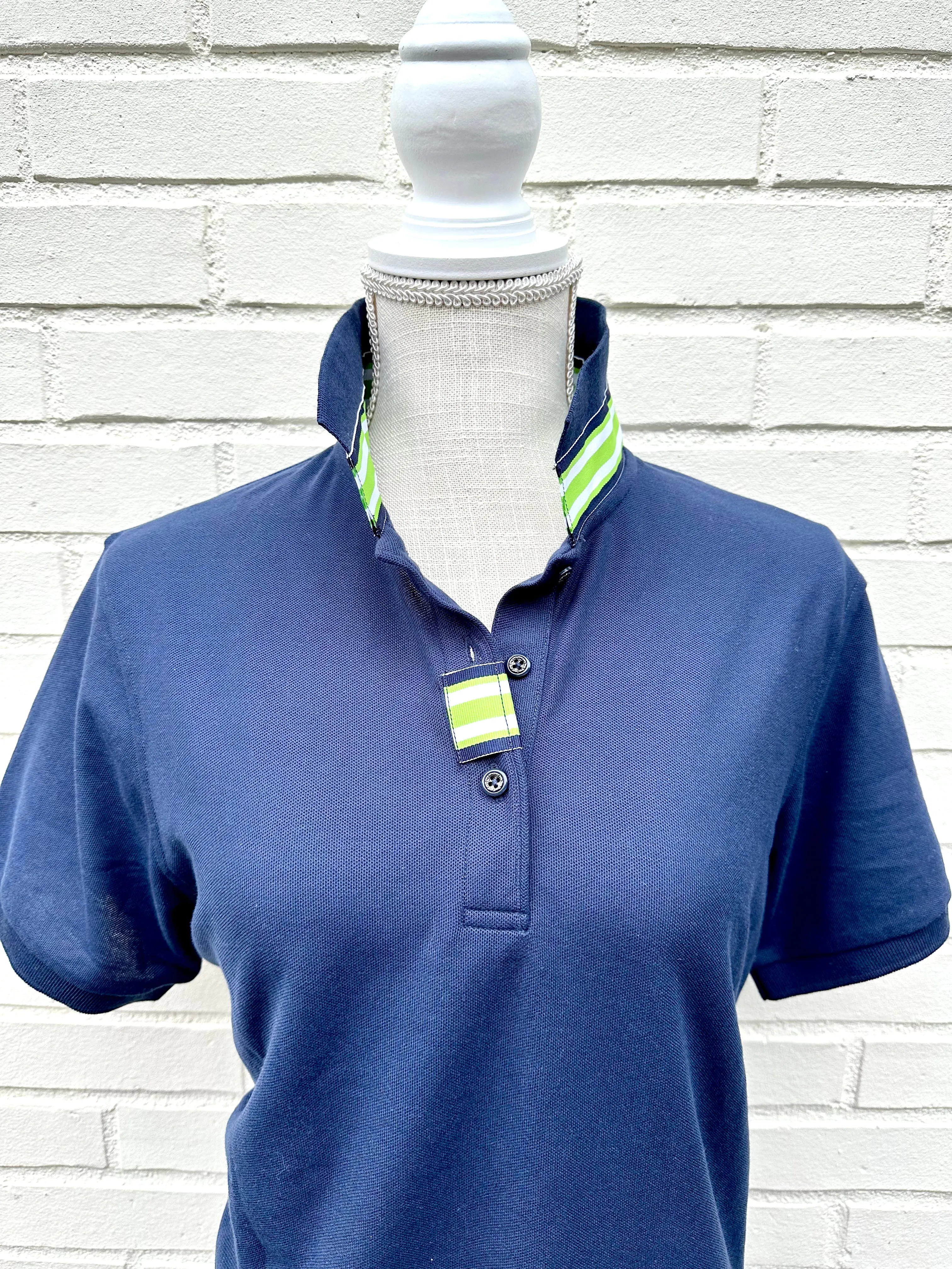 SALE - L ONLY - Madonna Navy Polo w Navy/Lime Grosgrain  (POLO3) *FINAL SALE*