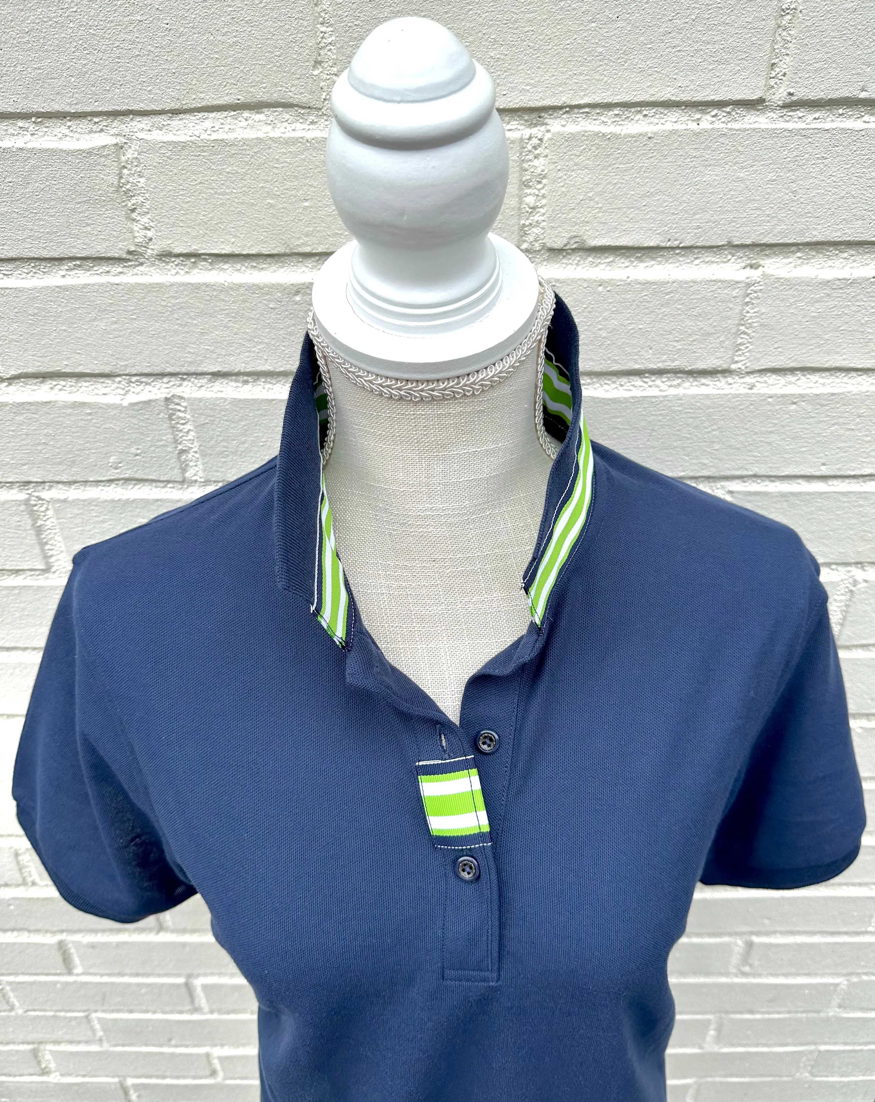 SALE - L ONLY - Madonna Navy Polo w Navy/Lime Grosgrain  (POLO3) *FINAL SALE*