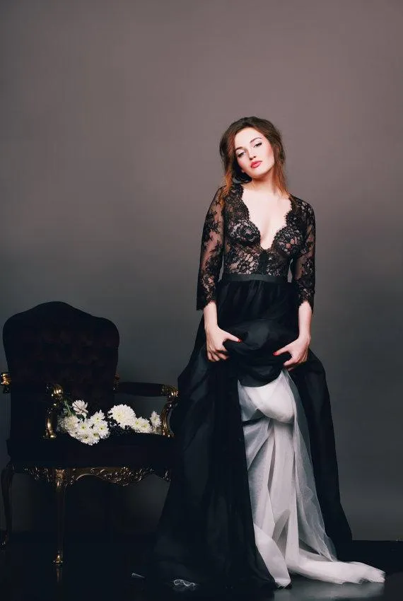 Sexy Black Lace Appliques V-neck 2018 Evening Dress 3-4-Length Sleeve A-line-318822