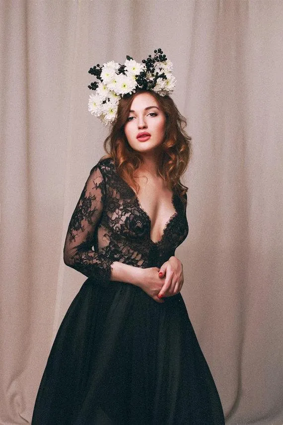 Sexy Black Lace Appliques V-neck 2018 Evening Dress 3-4-Length Sleeve A-line-318822