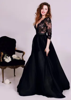Sexy Black Lace Appliques V-neck 2018 Evening Dress 3-4-Length Sleeve A-line-318822