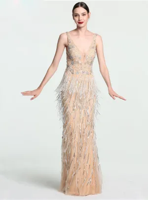 Sexy Deep-V Mermaid Gold Tulle Prom Dress