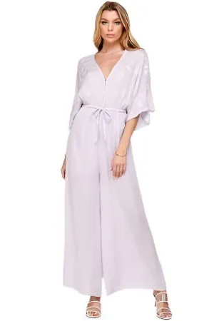 Short Sleeve Relaxed Fit Floral Embroidery Jumpsuit with Waist Tie