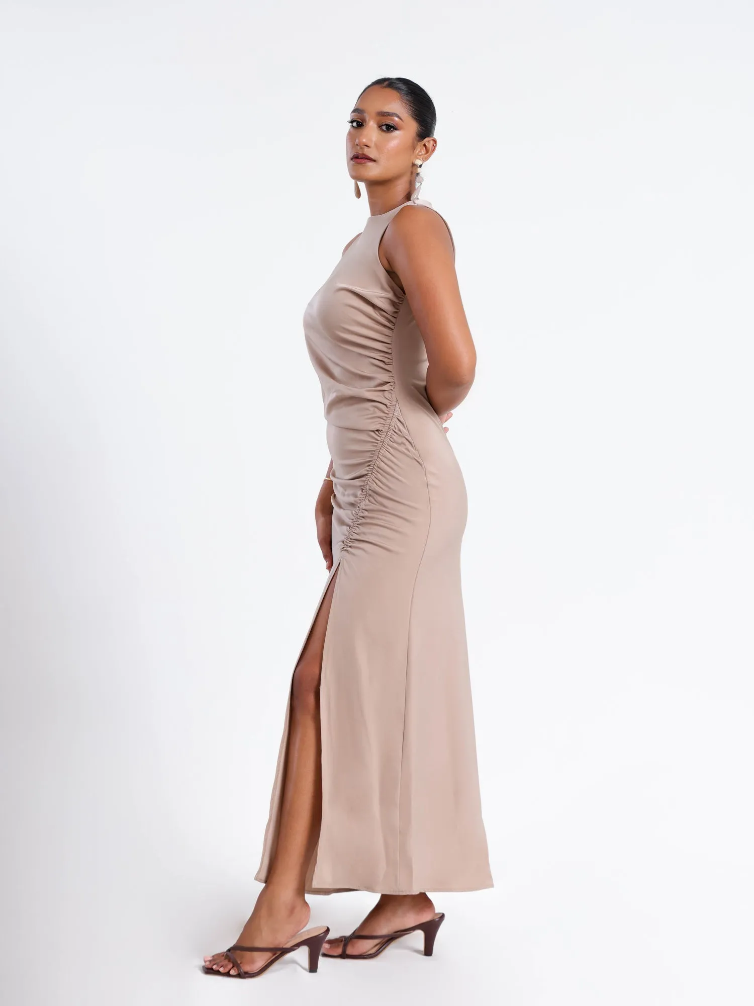 Side Ruched Slit Detailed High Neck Satin Midi Dress