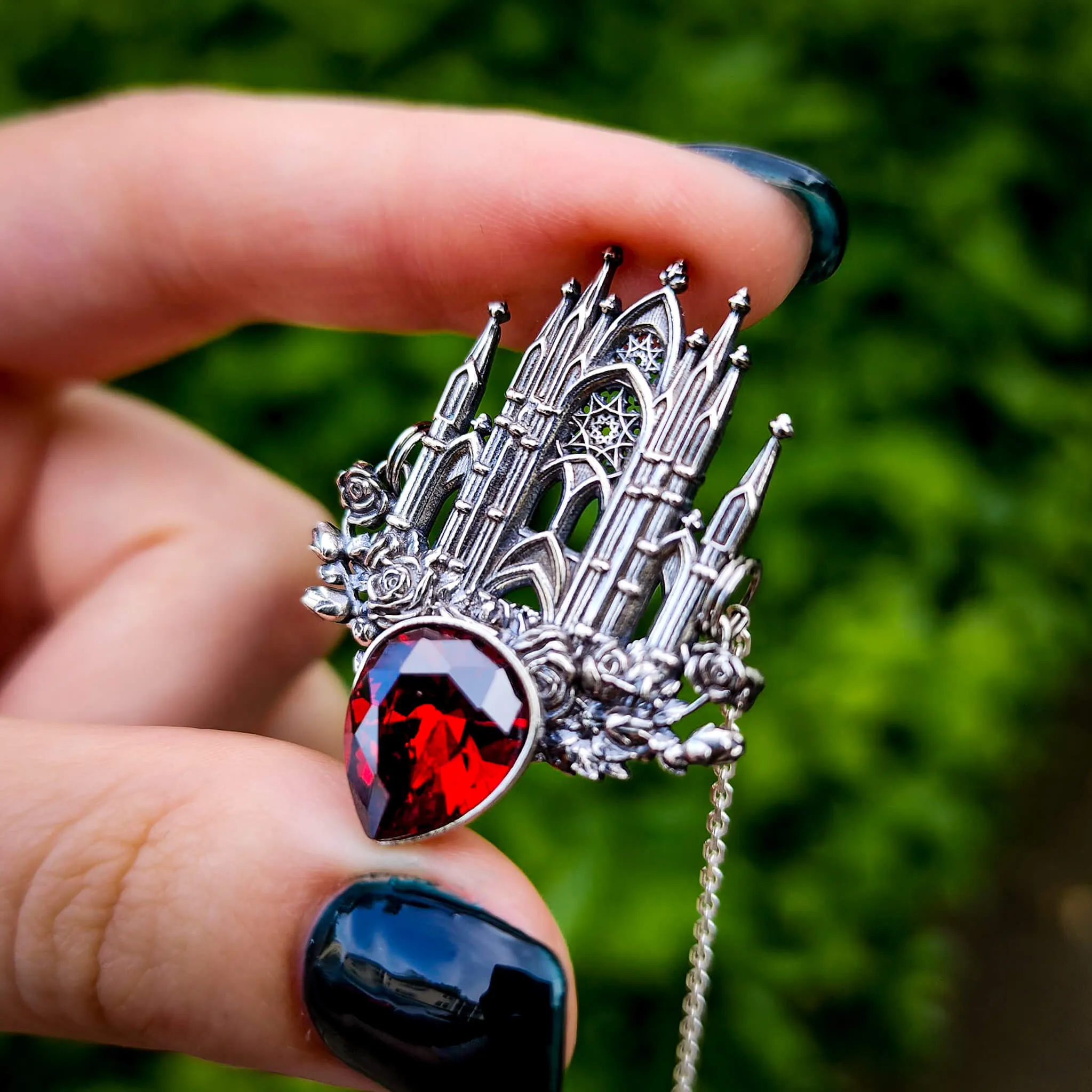 Silver Garnet Rose Cathedral Necklace