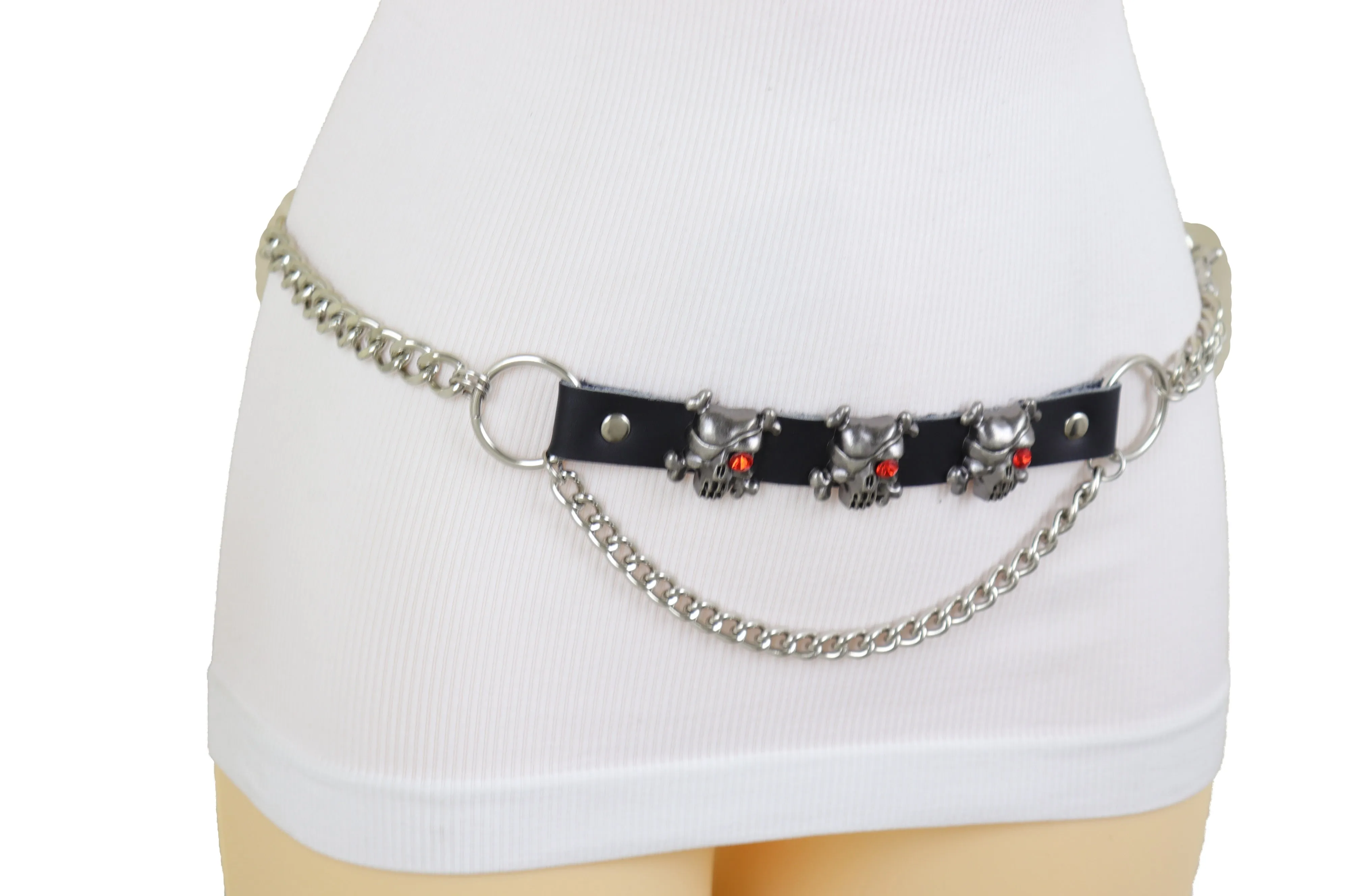 Silver Metal Chain Rocker Gothic Fashion Belt Pirate Skull Charms XS S M