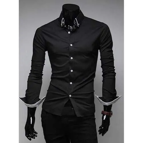 Slimming Trendy Turn-down Collar Stylish Stripes Tipping Solid Color Long Sleeves Men's Cotton Blend Shirt - Black M