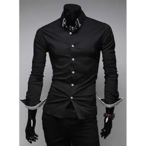 Slimming Trendy Turn-down Collar Stylish Stripes Tipping Solid Color Long Sleeves Men's Cotton Blend Shirt - Black M