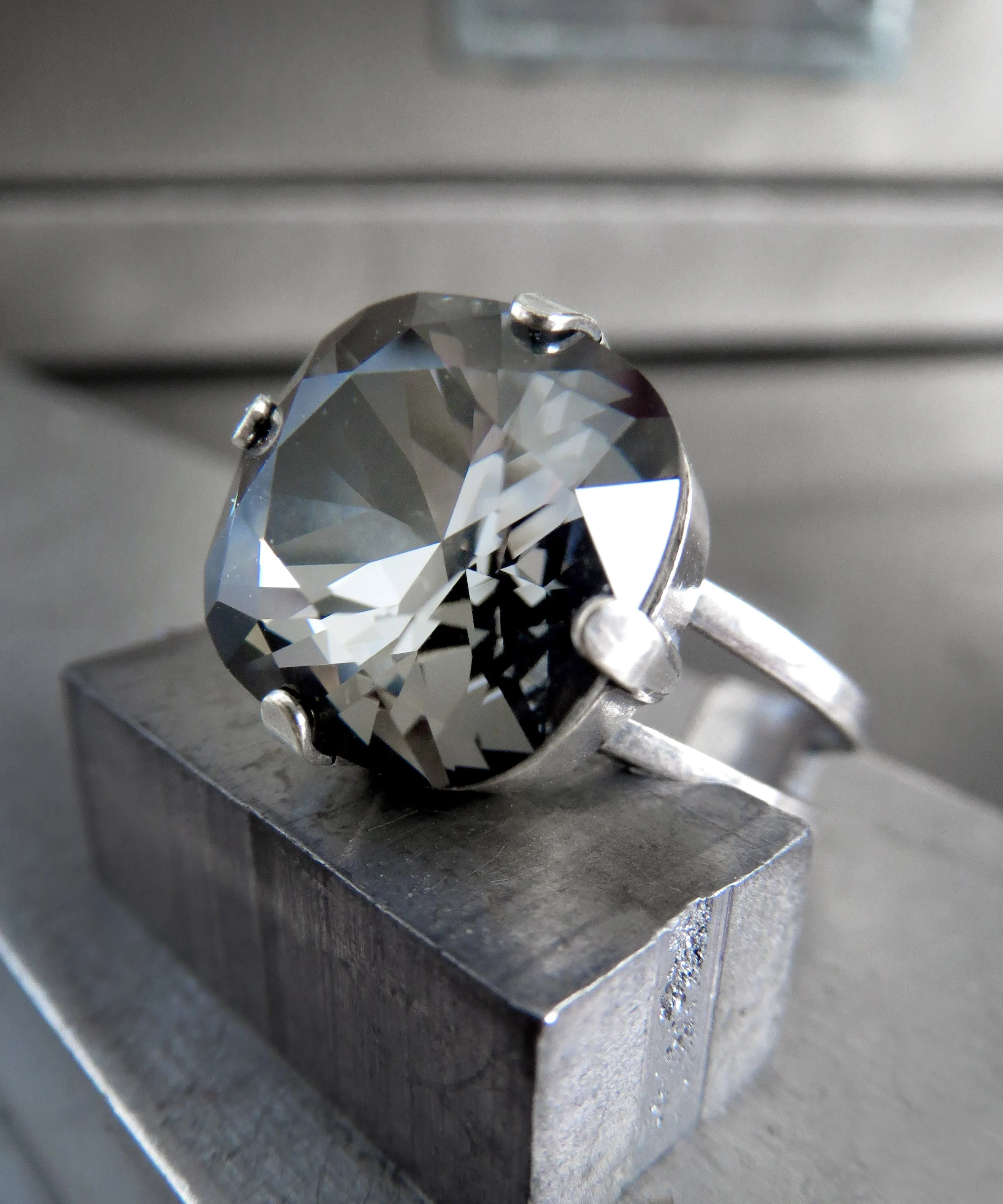 Square Crystal Ring in 'Black Diamond' Soft Grey