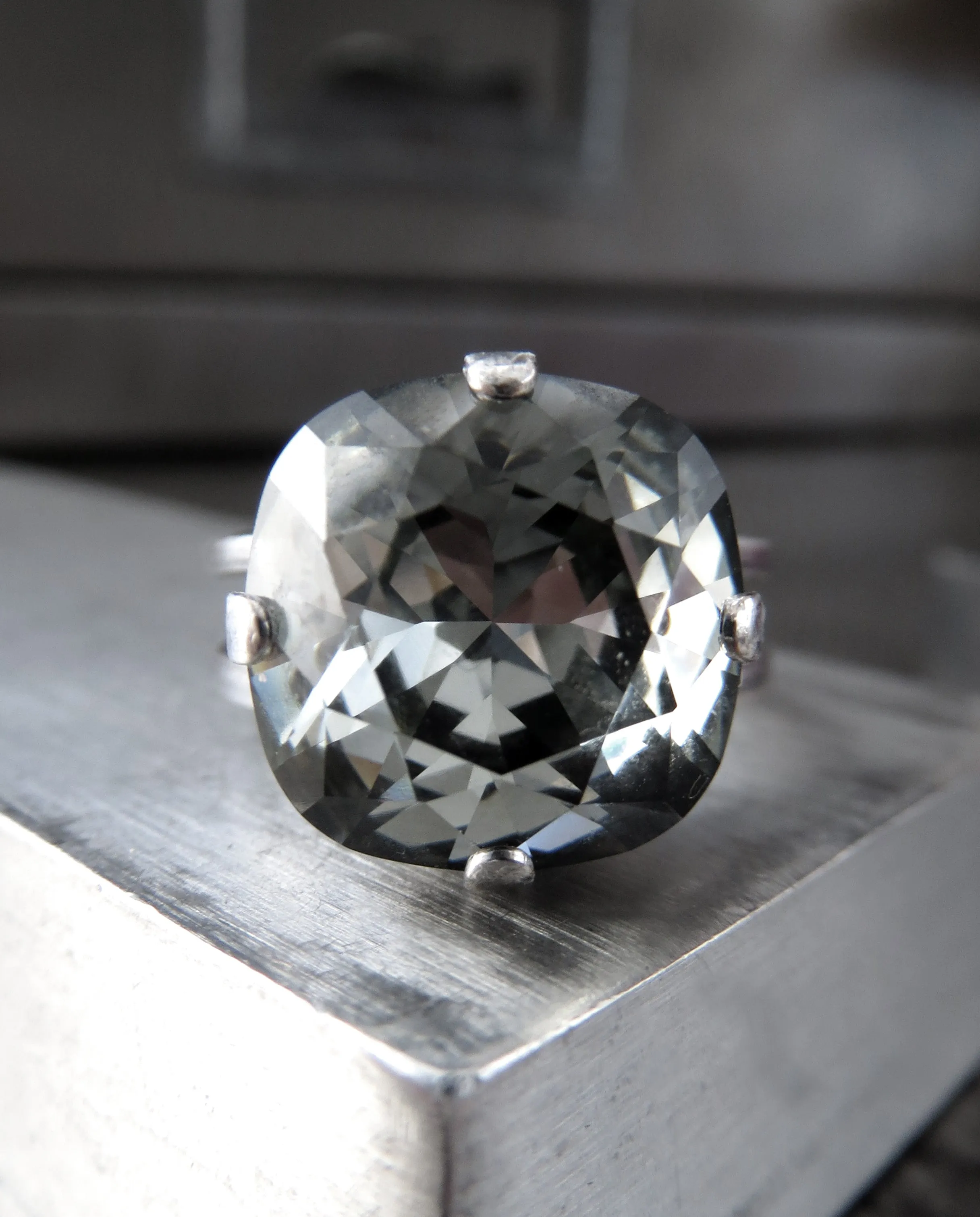 Square Crystal Ring in 'Black Diamond' Soft Grey