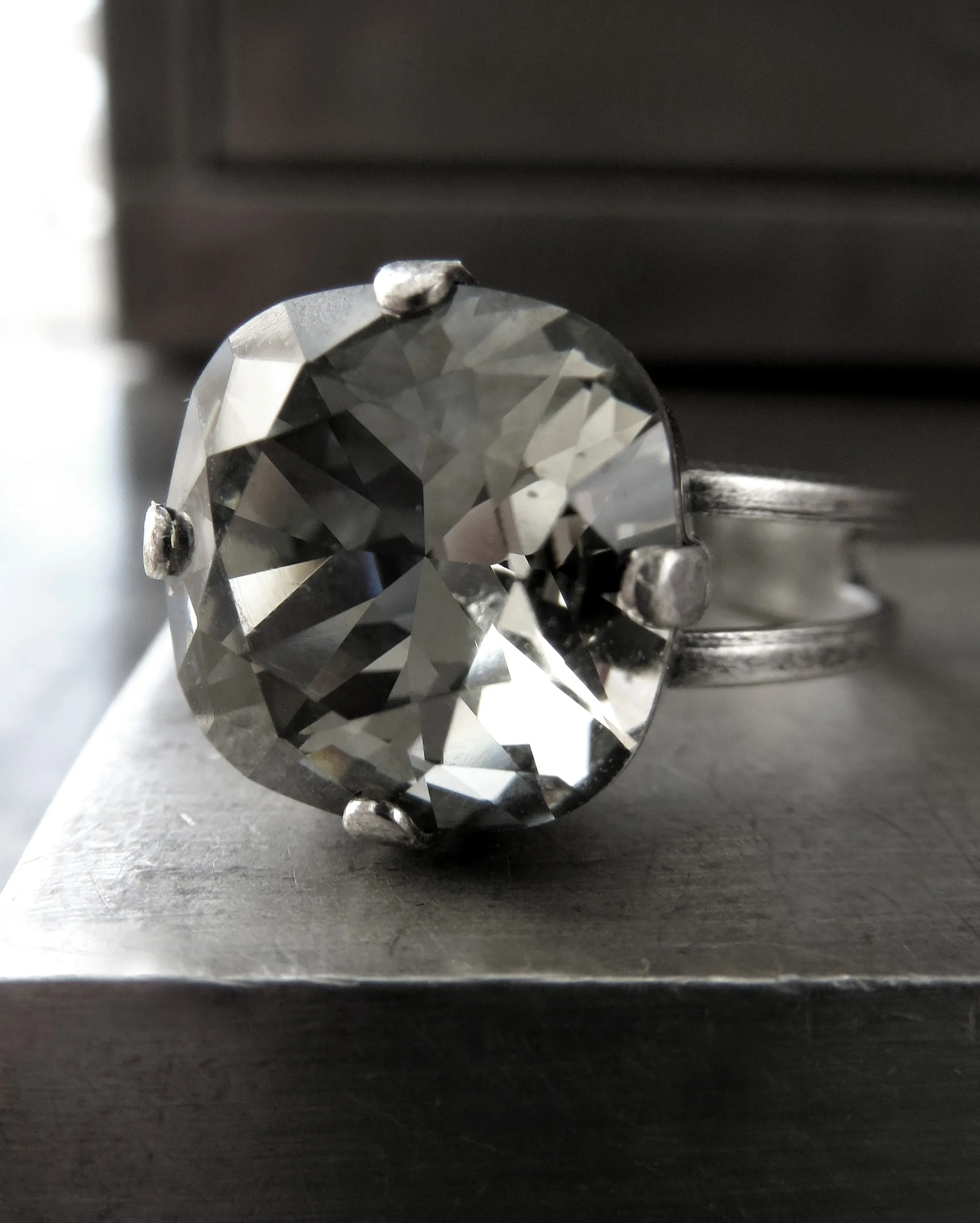 Square Crystal Ring in 'Black Diamond' Soft Grey