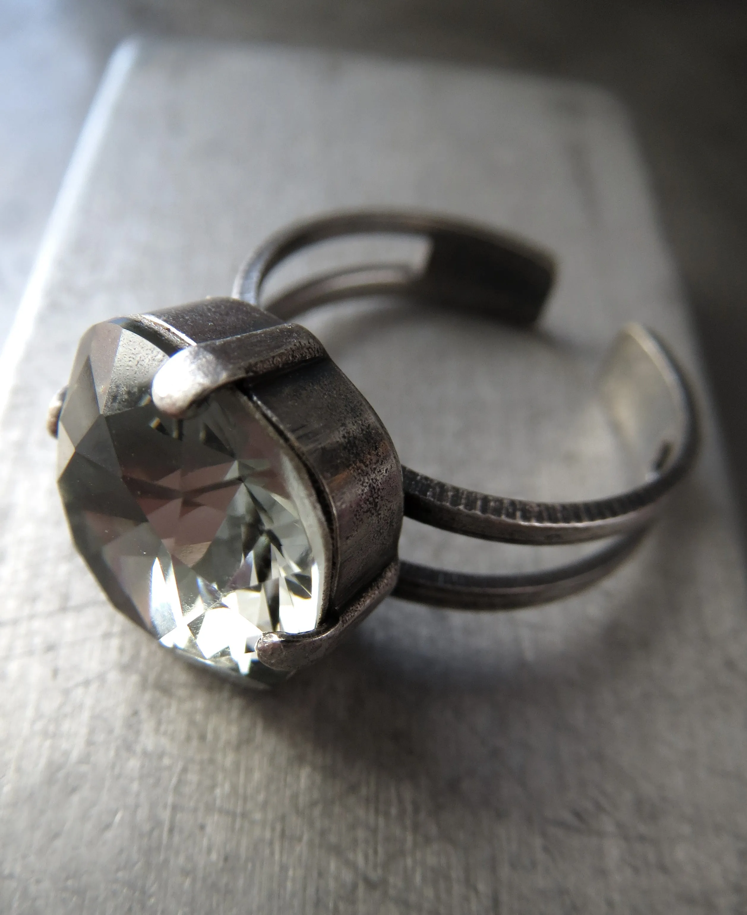 Square Crystal Ring in 'Black Diamond' Soft Grey