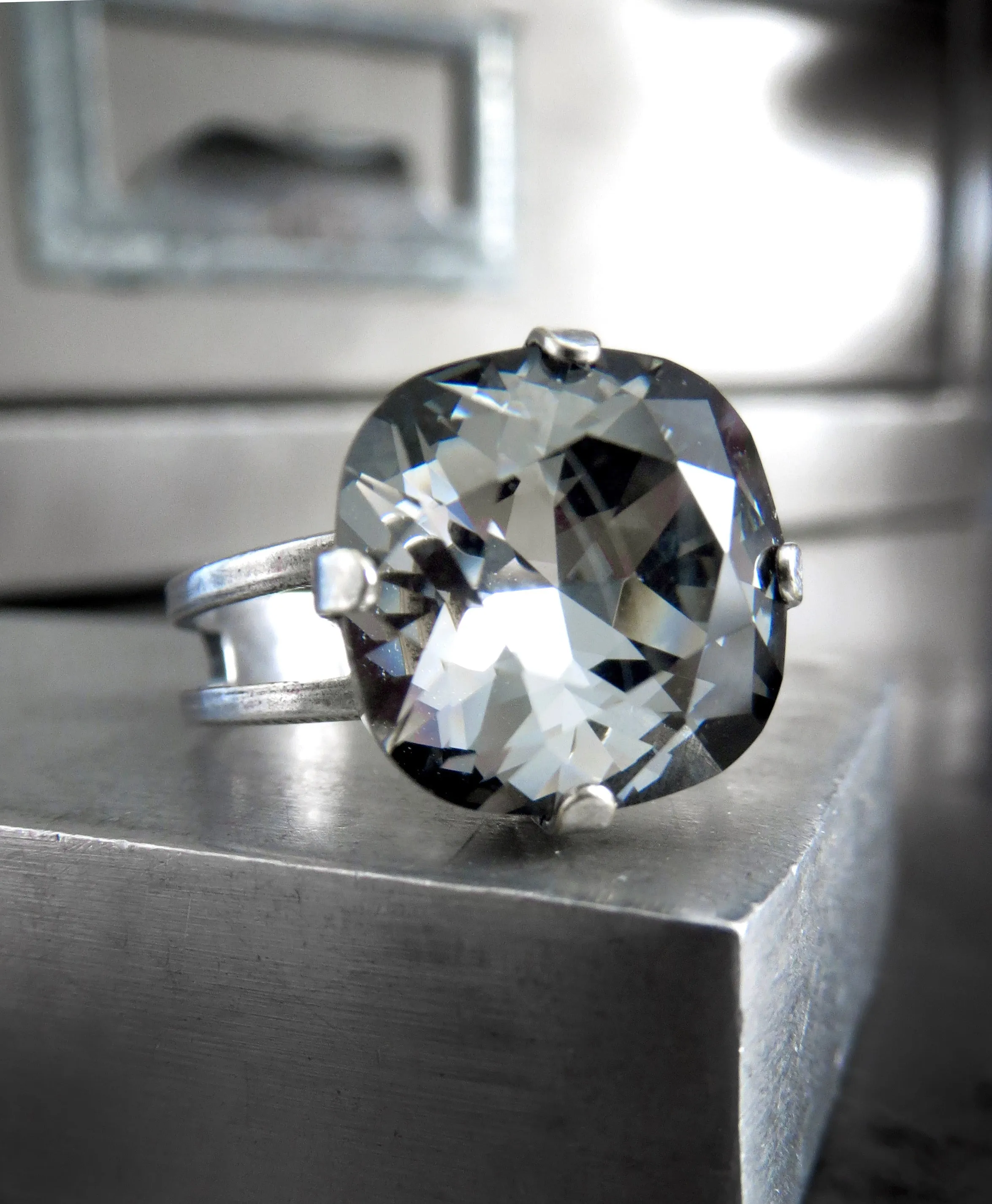 Square Crystal Ring in 'Black Diamond' Soft Grey