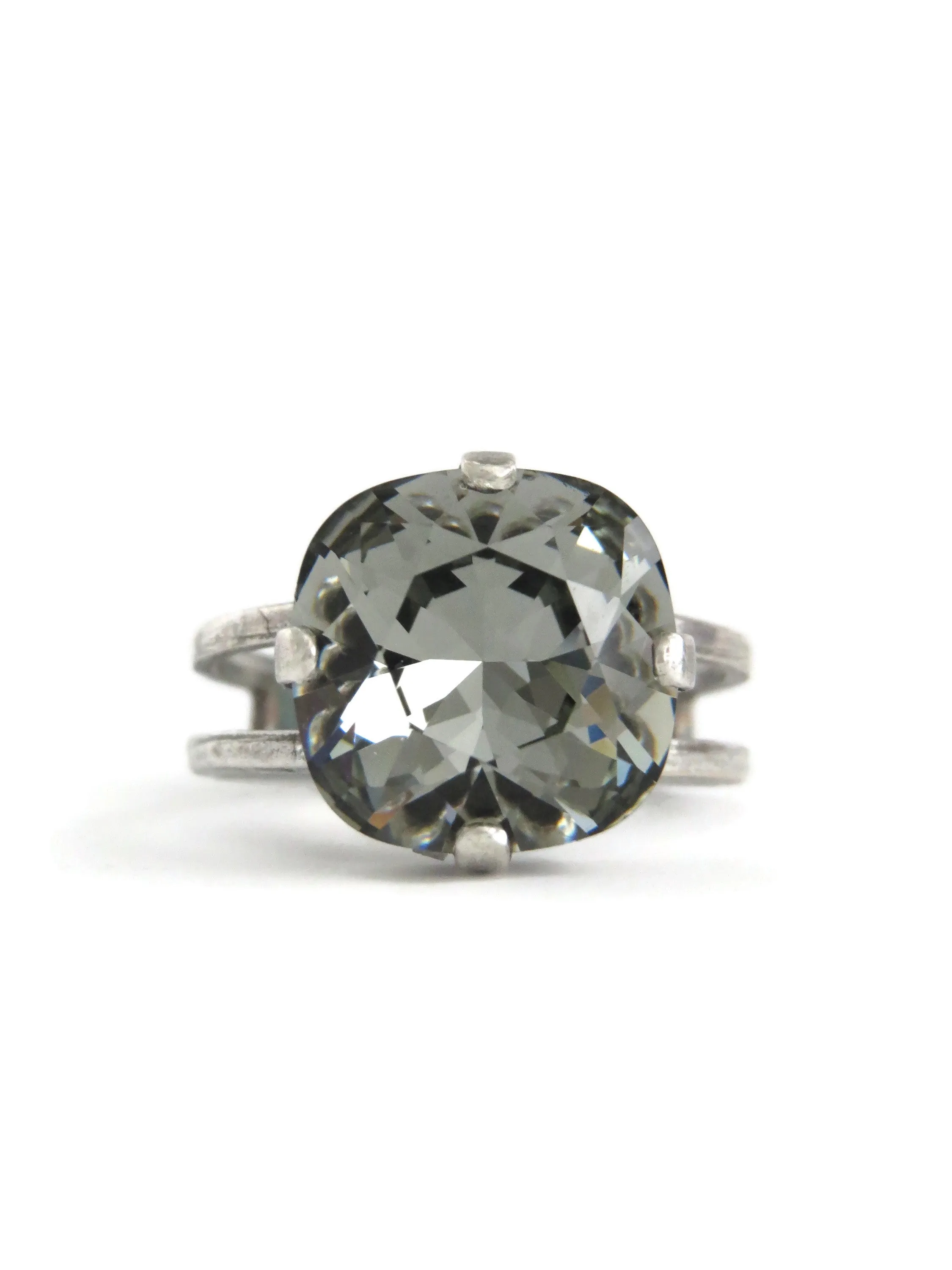 Square Crystal Ring in 'Black Diamond' Soft Grey