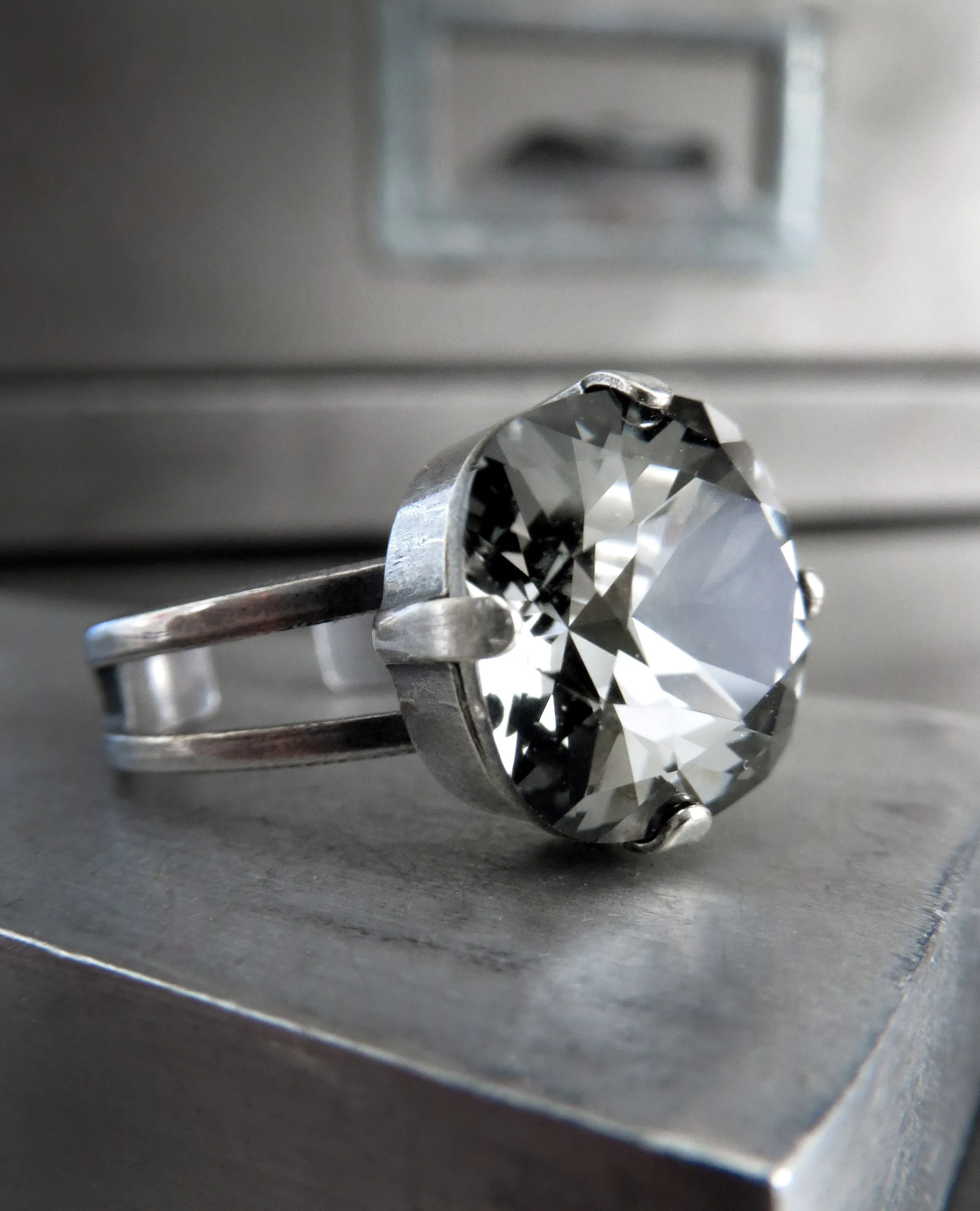Square Crystal Ring in 'Black Diamond' Soft Grey