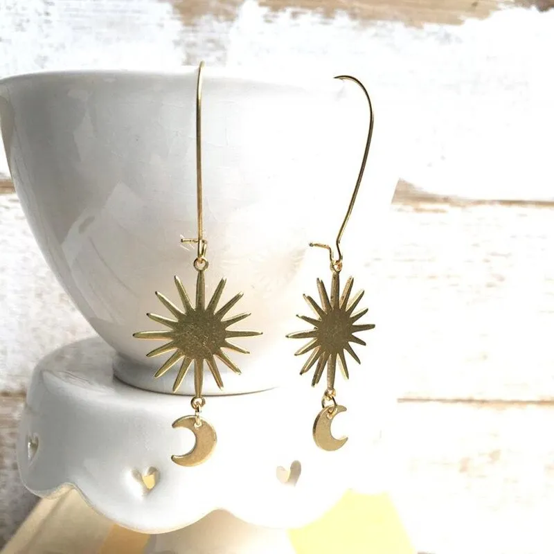 Star Moon Earrings Brass Sun Crescent Celestial Jewelry Astronomy Night Sky Boho 2020 New Women Gift Girlfriend Beautifu