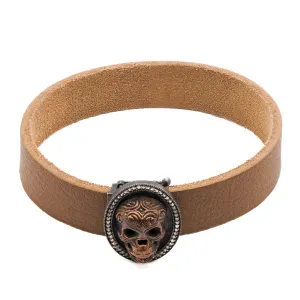 Sterling Silver & Diamond Skull Brown Leather Bracelet