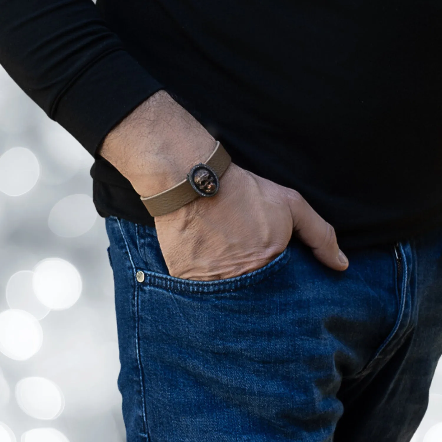 Sterling Silver & Diamond Skull Brown Leather Bracelet