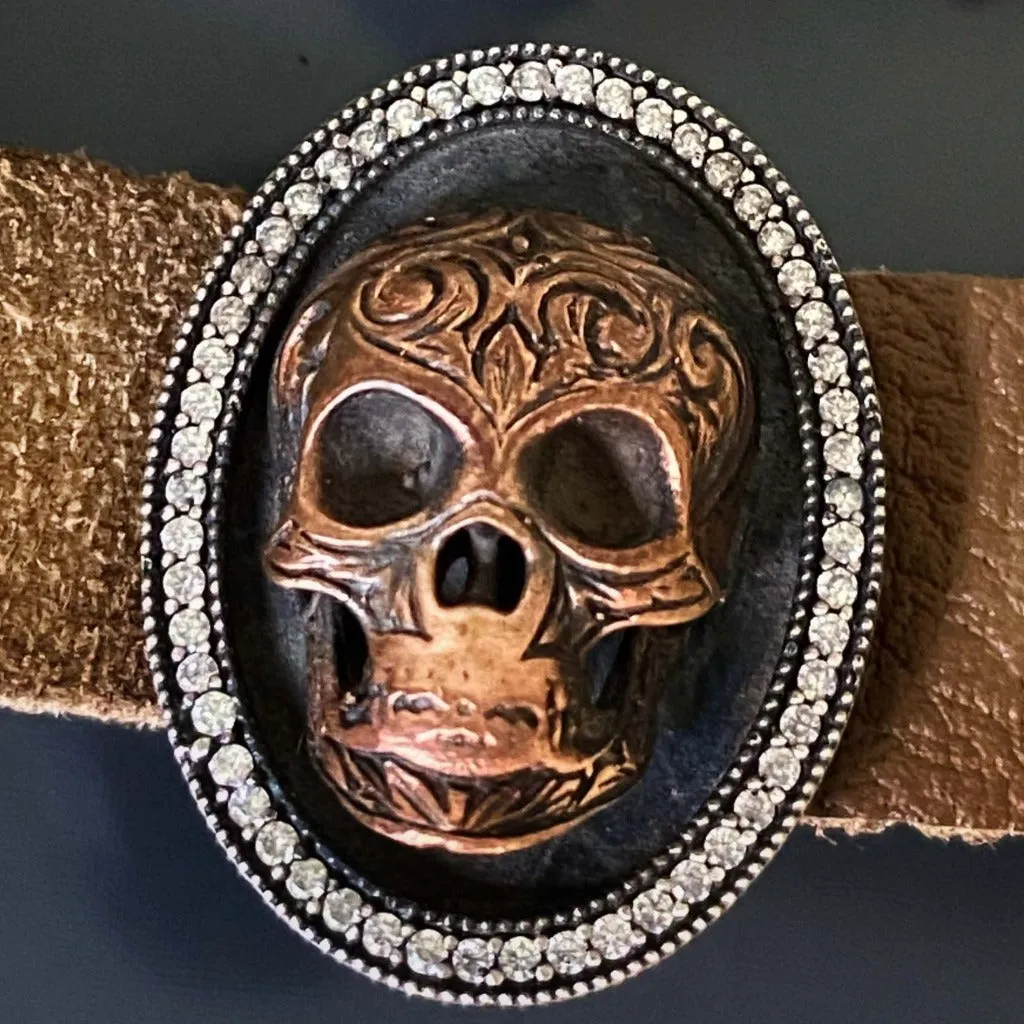 Sterling Silver & Diamond Skull Brown Leather Bracelet