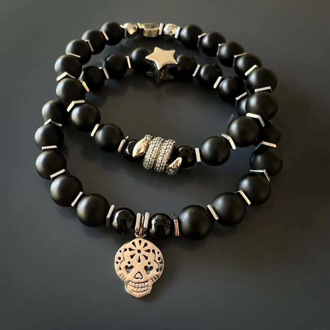 Sterling Silver Sugar Skull Charm Black Onyx Stone Beaded Bracelet