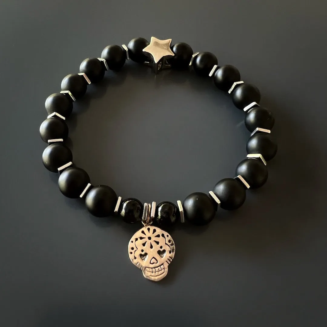 Sterling Silver Sugar Skull Charm Black Onyx Stone Beaded Bracelet