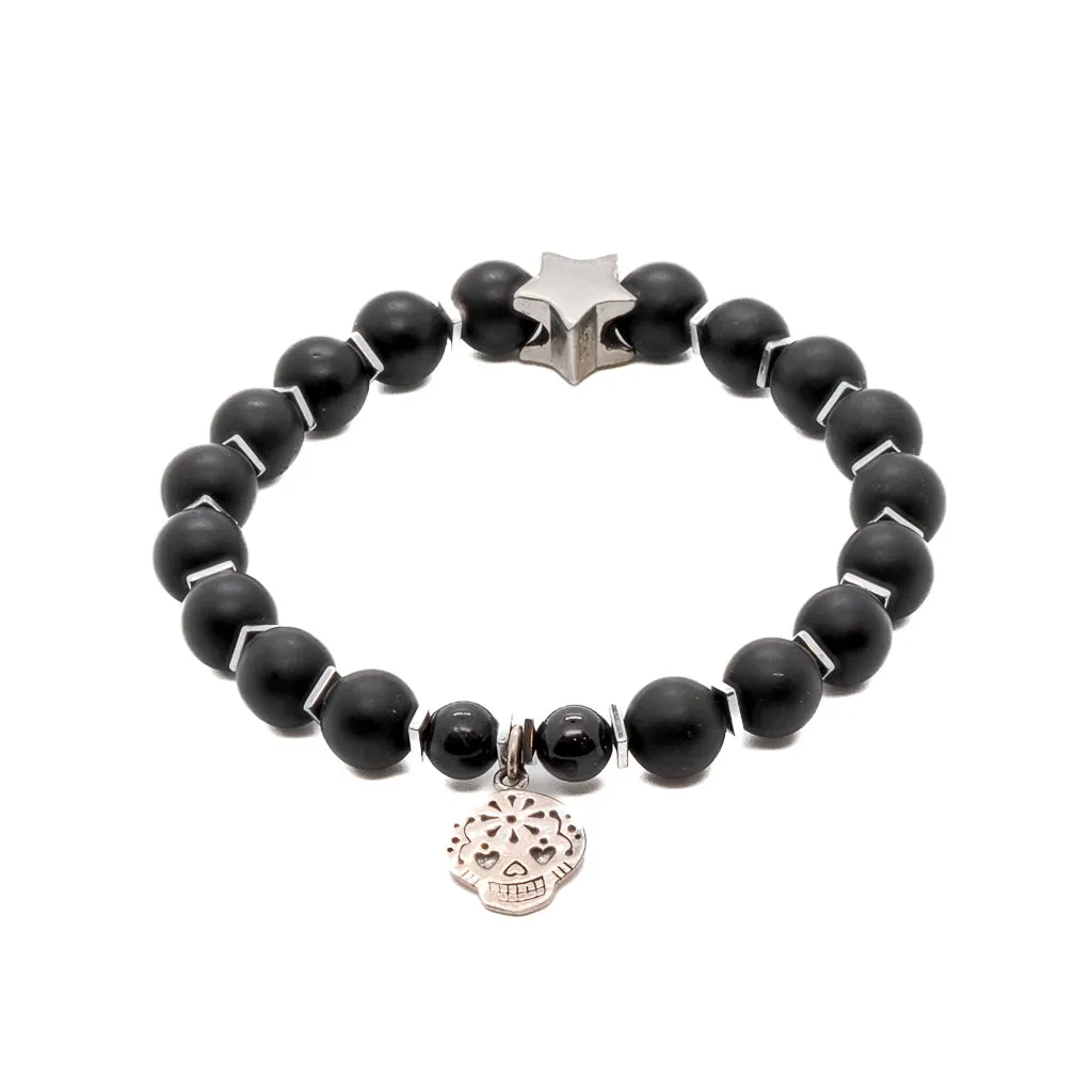 Sterling Silver Sugar Skull Charm Black Onyx Stone Beaded Bracelet