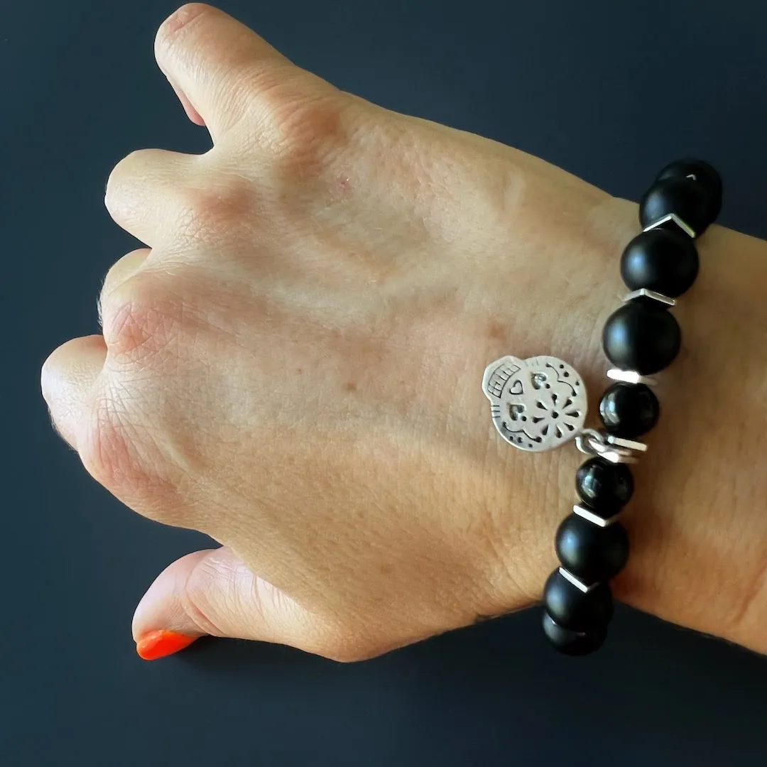 Sterling Silver Sugar Skull Charm Black Onyx Stone Beaded Bracelet
