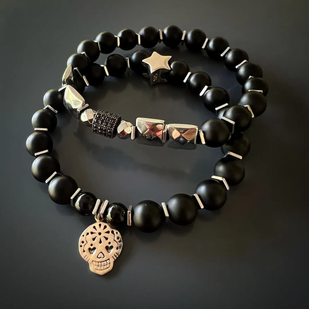 Sterling Silver Sugar Skull Charm Black Onyx Stone Beaded Bracelet