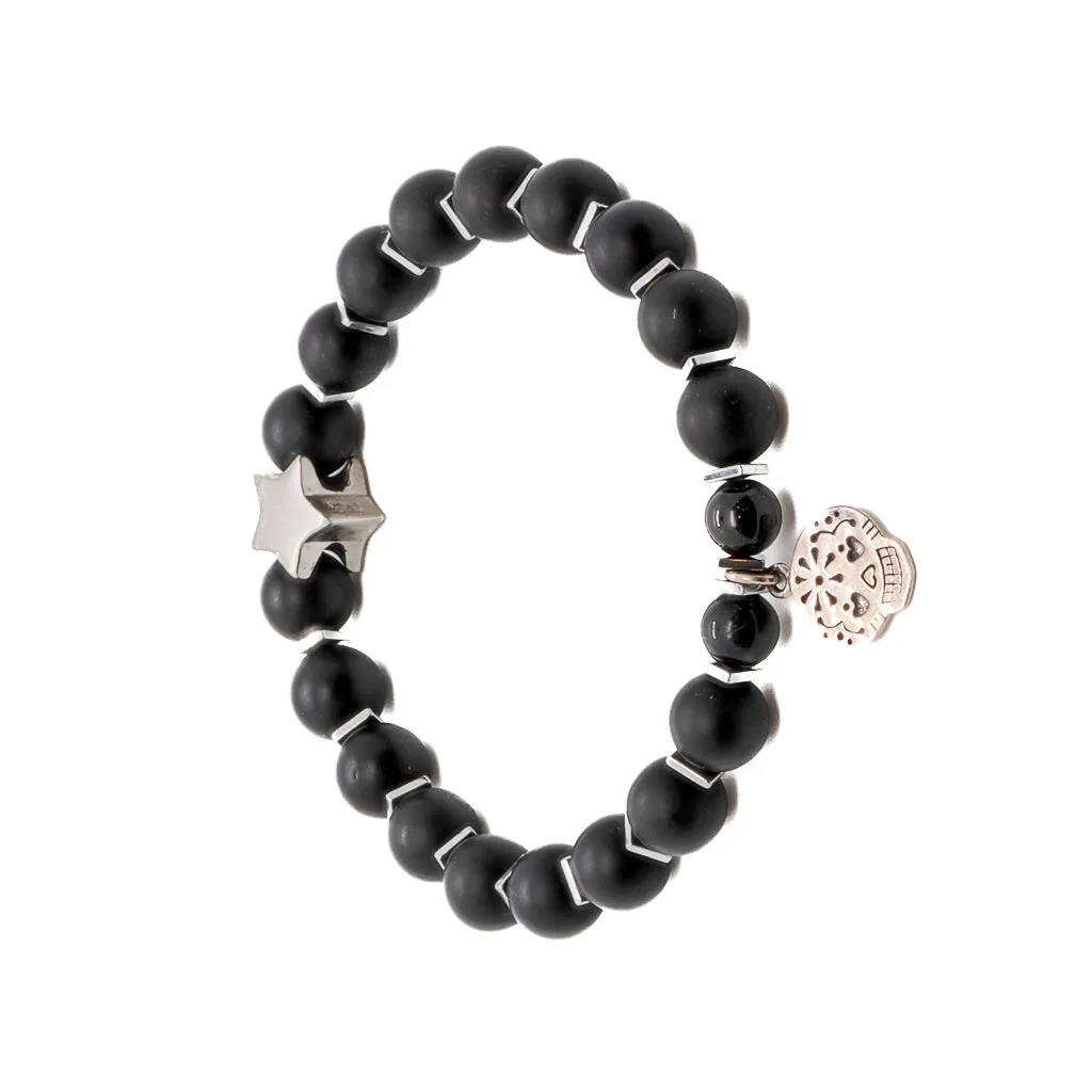 Sterling Silver Sugar Skull Charm Black Onyx Stone Beaded Bracelet